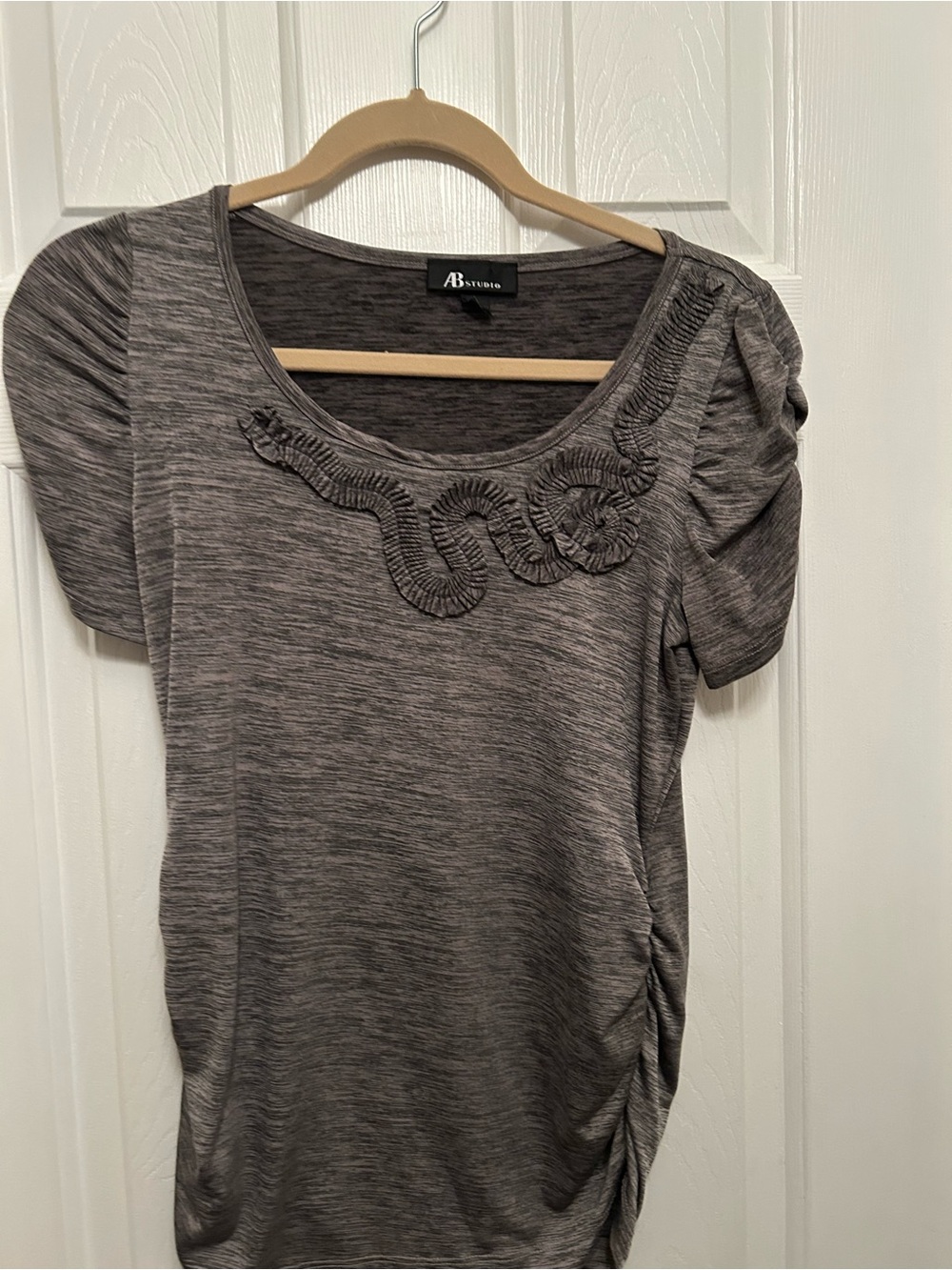 AB Studio Heather Gray Short Sleeve Scoop Neck Top with Decorative Trim
